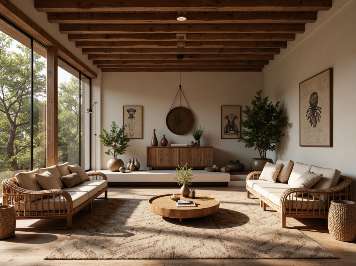 Prompt: Wildlife-inspired interior, natural textures, woven rattan furniture, reclaimed wood accents, earthy color palette, safari-style rugs, linen upholstery, organic shapes, minimalist decor, geometric patterns, subtle animal prints, warm ambient lighting, soft shadows, 1/1 composition, realistic rendering, atmospheric perspective.