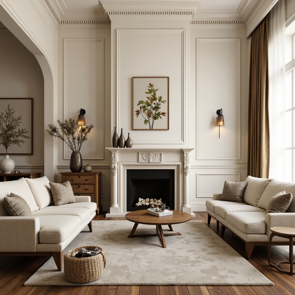 Prompt: Neutral-toned living room, creamy walls, soft beige furniture, natural wood accents, warm earthy tones, elegant crown molding, decorative wainscoting, subtle texture contrasts, luxurious velvet drapes, sophisticated pendant lighting, refined metallic fixtures, botanical prints, abstract artwork, plush area rugs, tranquil atmosphere, soft diffused light, 1/2 composition, relaxed shallow focus.