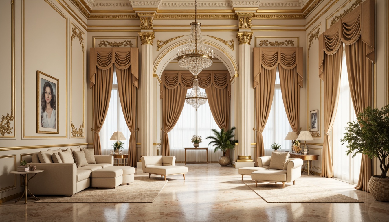 Prompt: Elegant neoclassical interior, ornate moldings, intricate carvings, luxurious fabrics, rich wood tones, soft cream walls, warm beige marble floors, subtle gold accents, crystal chandeliers, opulent drapery, stately columns, refined proportions, harmonious balance, natural light, airy atmosphere, shallow depth of field, 1/2 composition, warm softbox lighting, realistic textures, ambient occlusion.