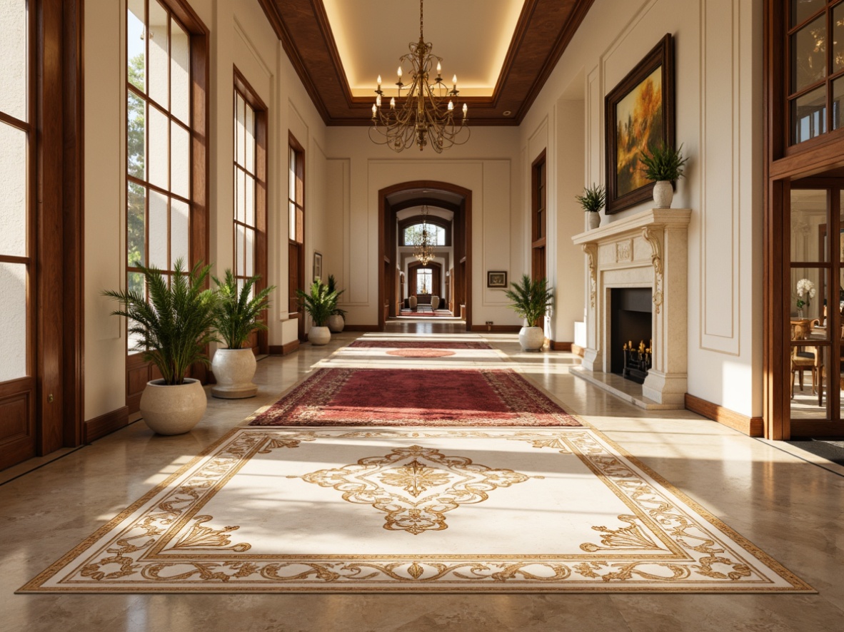 Prompt: Intricate marble flooring, polished hardwood floors, ornate rugs, plush carpeting, rich wood paneling, neoclassical patterns, elegant borders, sophisticated motifs, luxurious textiles, cream-colored stone, warm beige tones, soft golden lighting, 1/1 composition, detailed renderings, realistic reflections, ambient shadows.