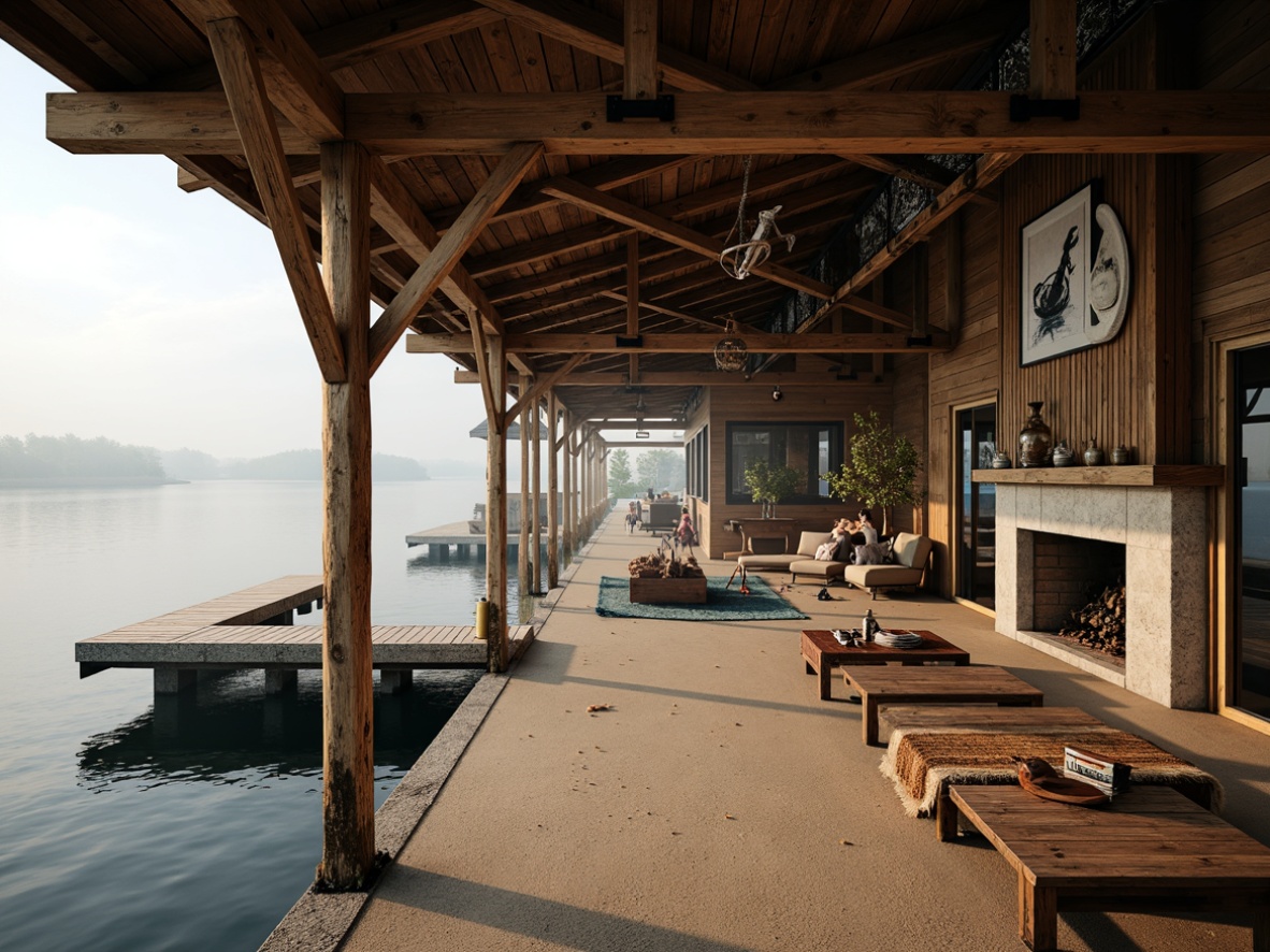 Prompt: Waterfront boathouse, rustic wooden docks, nautical ropes, sailboat-inspired decor, calm lake waters, serene misty mornings, soft warm lighting, earthy brown tones, weathered wood textures, vintage naval elements, distressed metal accents, faded blue hues, sandy beige floors, natural stone fireplaces, cozy plush furnishings, ambient ocean sounds, panoramic waterfront views, cinematic composition, shallow depth of field, realistic reflections.