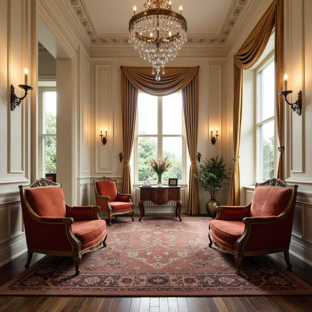 Prompt: Elegant wooden armchairs, ornate carvings, rich velvet upholstery, luxurious marble tops, intricately patterned rugs, refined bronze hardware, sophisticated cream-colored walls, tall windows with ornate moldings, crystal chandeliers, symmetrical compositions, subtle warm lighting, soft focus, shallow depth of field.