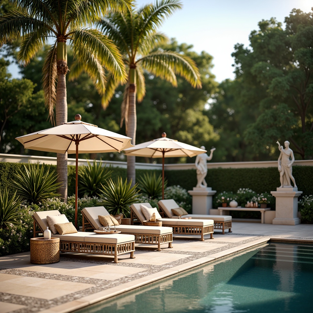 Prompt: Elegant poolside ambiance, ornate iron furnishings, refined lounge chairs, plush velvet cushions, antique-inspired umbrellas, intricate tile work, mosaic patterns, natural stone coping, ornamental fountains, classical statues, serene water features, lush greenery surroundings, warm sunny day, soft golden lighting, shallow depth of field, 3/4 composition, realistic textures, ambient occlusion.