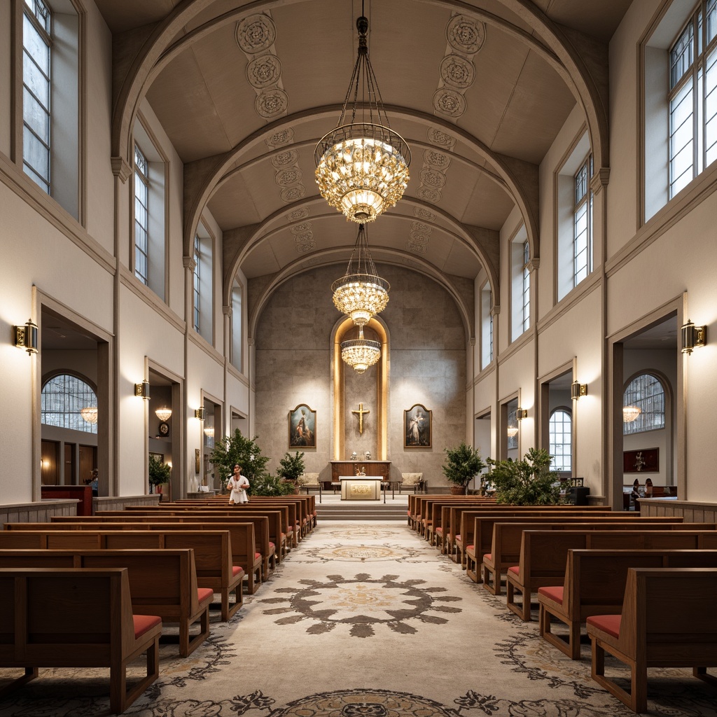 Prompt: Elegant worship space, fusion of modern and traditional elements, curved wooden pews, ornate stone carvings, grand chandeliers, stained glass windows, vaulted ceilings, neutral color palette, plush carpeting, minimalist altarpieces, sleek metal accents, reclaimed wood textures, industrial chic lighting fixtures, geometric patterned rugs, velvet upholstered chairs, bronze hardware details, warm ambient glow, softbox lighting, 2/3 composition, symmetrical framing, realistic material renderings.