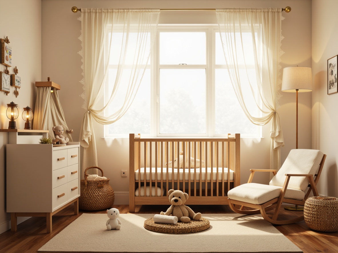 Prompt: Soft warm glow, creamy whites, gentle pastels, plush toys, stuffed animals, crib with canopy, changing table, rocking chair, woven baskets, natural wood furniture, subtle texture patterns, warm beige carpet, delicate lace curtains, sheer drapes, table lamps, floor lamps, string lights, softbox lighting, 1/1 composition, shallow depth of field, calm atmosphere, peaceful ambiance.