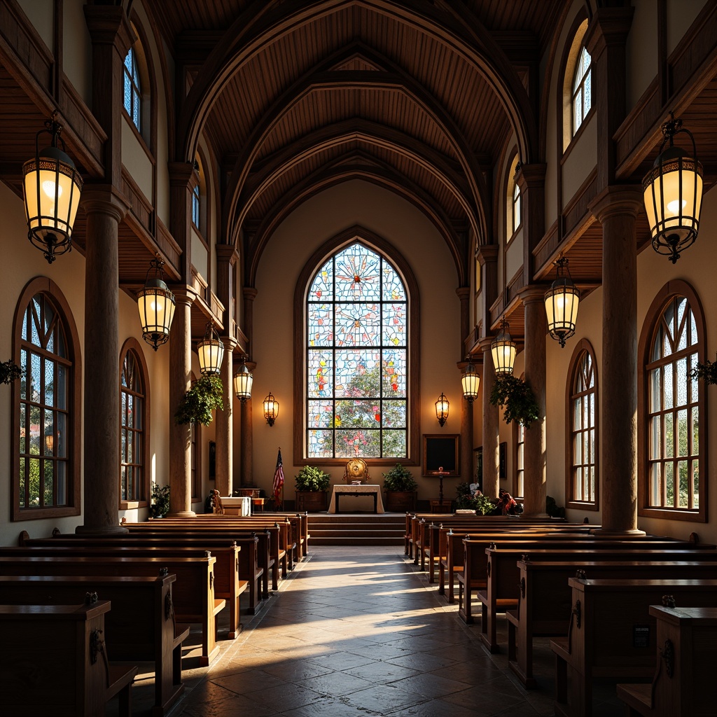 Prompt: Elegant stained glass windows, ornate chandeliers, warm candlelight, soft ambient glow, subtle LED accents, majestic vaulted ceilings, traditional lantern-style fixtures, rustic wooden beams, serene worship spaces, natural daylight pouring in, gentle diffused lighting, 1/1 composition, realistic textures, ambient occlusion.