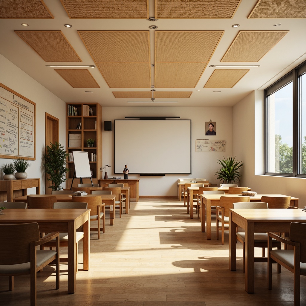 Prompt: Cozy classroom interior, wooden desks, ergonomic chairs, soft cushions, sound-absorbing panels, acoustic ceiling tiles, natural wood accents, warm beige walls, minimal reverberation time, optimal speaker placement, clear line of sight, teacher's podium, interactive whiteboards, abundant natural light, diffused overhead lighting, calm atmosphere, focused learning environment, 1/1 composition, shallow depth of field, realistic textures.