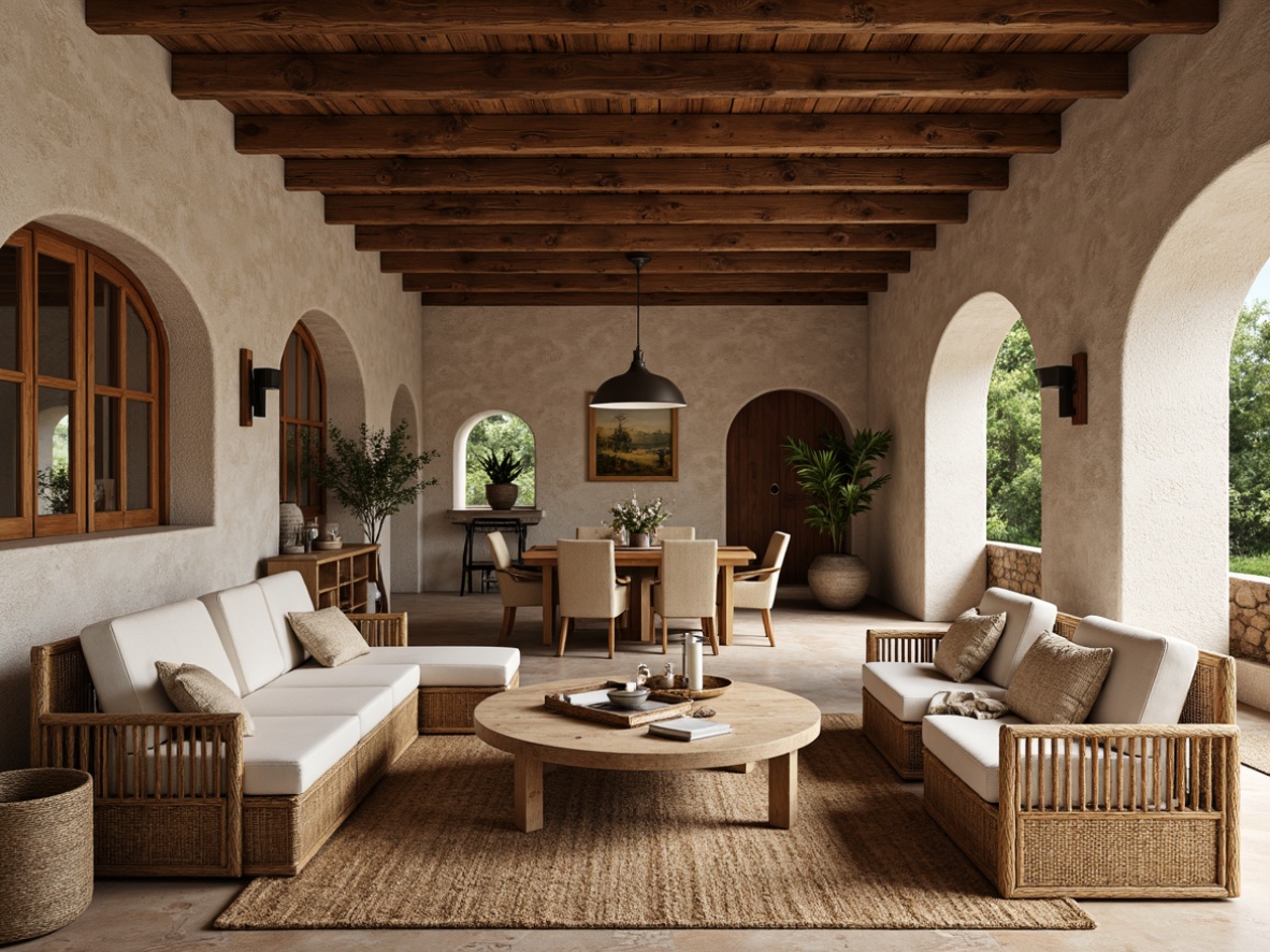 Prompt: Earthy vernacular style, natural stone walls, rustic wooden beams, clay tile roofs, weathered brick facades, rough-hewn timber accents, woven wicker furniture, jute rug textures, linen upholstery fabrics, organic earthy color palette, warm soft lighting, shallow depth of field, 1/1 composition, realistic ambient occlusion, cozy intimate atmosphere.Let me know if you'd like me to generate another prompt!