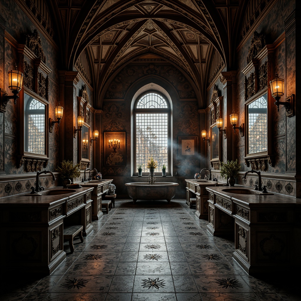 Prompt: Dark mysterious ambiance, gothic arches, ornate stone carvings, rich jewel-toned colors, intricate tile patterns, hexagonal shapes, floral motifs, medieval-inspired designs, luxurious marble textures, metallic accents, ornate faucets, dramatic lighting, vaulted ceilings, grandiose mirrors, opulent furnishings, mysterious shadows, soft warm glow, shallow depth of field, 1/2 composition, detailed textures, ambient occlusion.