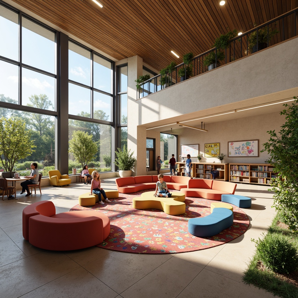 Prompt: Vibrant elementary school, collaborative learning spaces, flexible seating arrangements, modular furniture, interactive whiteboards, colorful rugs, natural light illumination, playful decorative accents, educational wall art, ergonomic desks, comfortable cushions, built-in bookshelves, cozy reading nooks, modern minimalist architecture, large windows, sliding glass doors, outdoor learning areas, greenery walls, soft warm lighting, shallow depth of field, 3/4 composition, panoramic view, realistic textures, ambient occlusion.