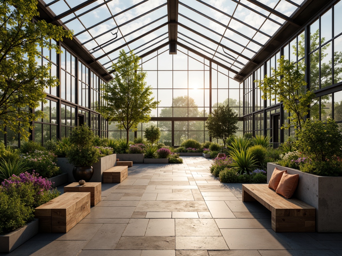 Prompt: Minimalist greenhouse interior, sleek metal frames, reclaimed wood accents, lush greenery, vibrant flowers, natural stone flooring, industrial-style lighting, rustic wooden benches, modern planters, geometric-shaped pots, airy atmosphere, soft warm lighting, shallow depth of field, 3/4 composition, panoramic view, realistic textures, ambient occlusion.