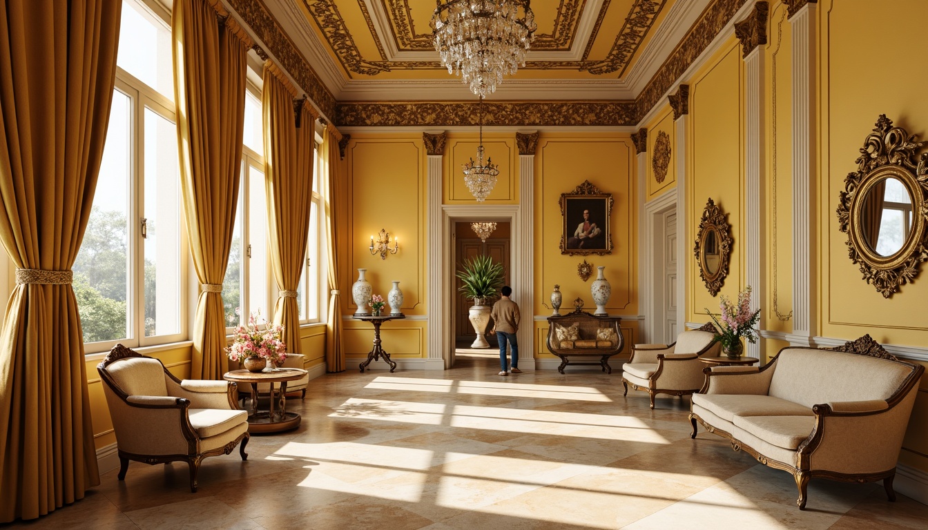 Prompt: Richly ornate Rococo interior, soft warm yellow walls, intricately carved golden accents, lavish velvet upholstery, delicate porcelain vases, crystal chandeliers, opulent drapery, subtle cream trim, gentle morning light, warm beige marble floors, ornate mirrors, antique furniture pieces, subtle texture overlays, realistic fabric simulations, detailed normal maps, 1/1 composition, shallow depth of field, soft focus effect.