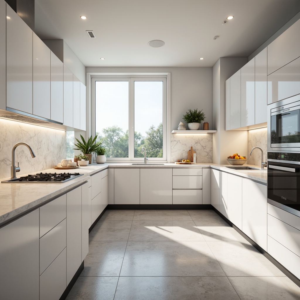 Prompt: Glossy white countertops, sleek modern kitchen, minimalist design, streamlined cabinetry, handle-free doors, high-gloss finishes, marble-inspired quartz, stainless steel appliances, chrome fixtures, LED under-cabinet lighting, warm ambient glow, shallow depth of field, 3/4 composition, panoramic view, realistic textures, ambient occlusion.