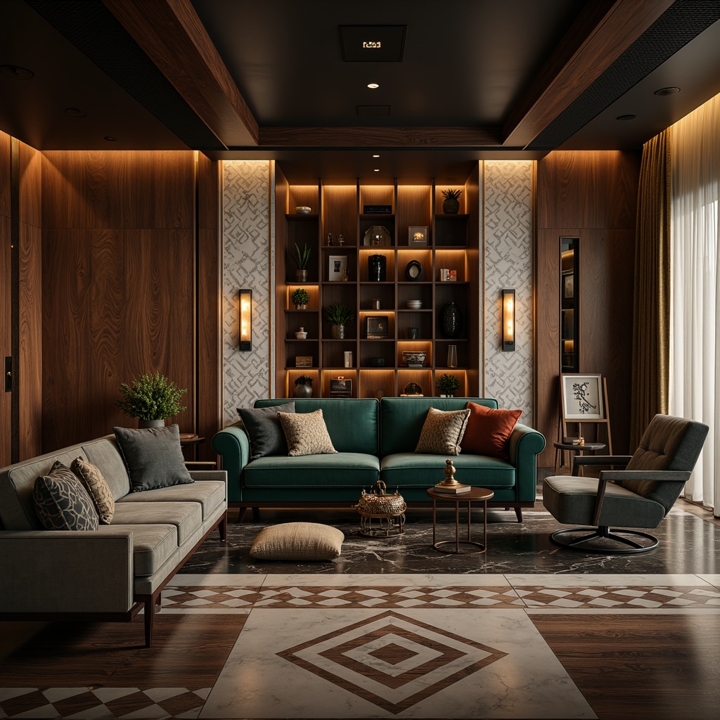 Prompt: Luxurious velvet sofas, polished chrome accents, rich walnut wood panels, Art Deco patterns, geometric marble floors, metallic silver wallpaper, sleek low-profile furniture, curved lines, minimalist decor, ambient warm lighting, soft focus blur, 1/1 composition, intimate atmosphere, sophisticated elegance, opulent fabrics, refined textures, subtle sheen, dramatic shadows.