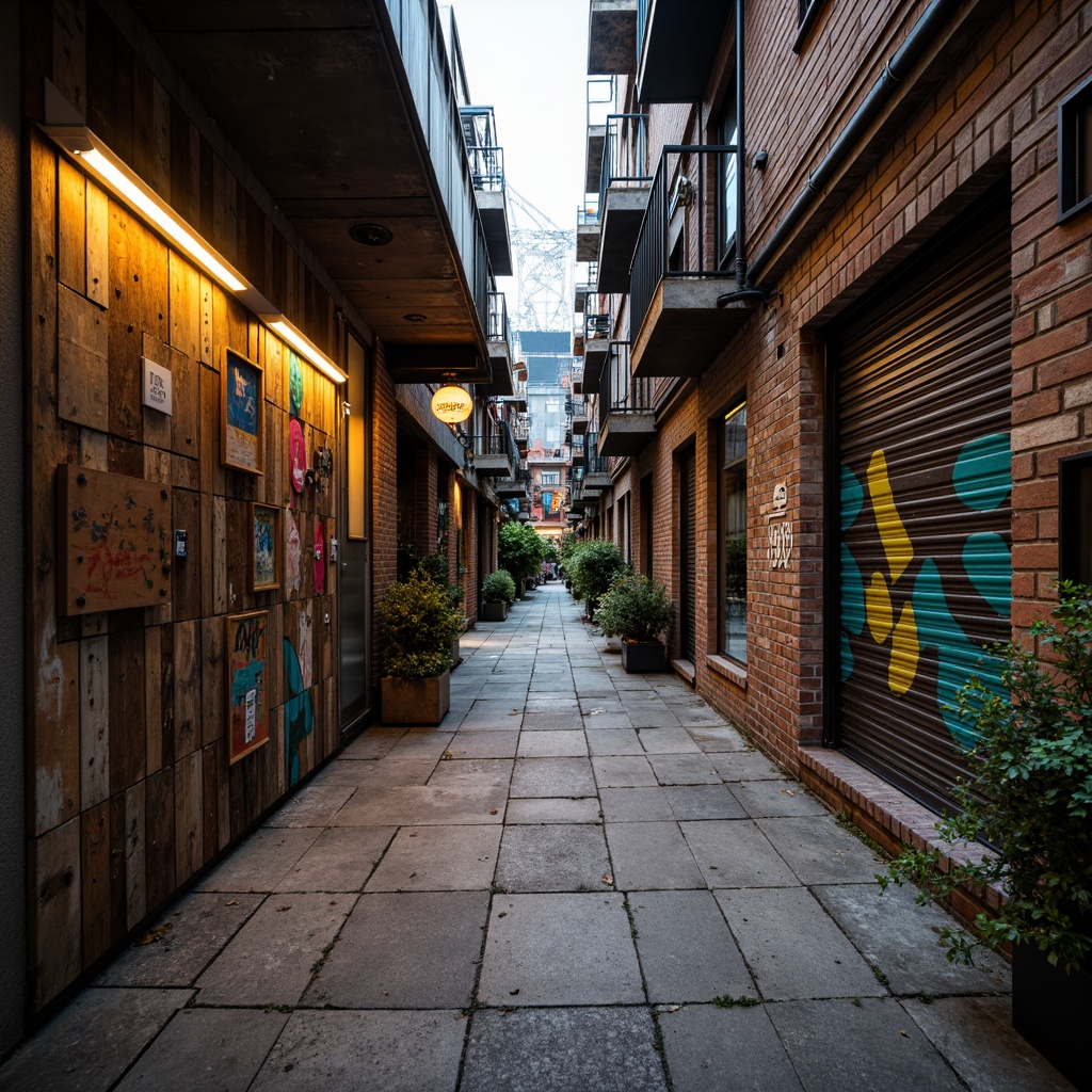 Prompt: Rustic wooden planks, distressed metal panels, rough-hewn stone walls, vibrant graffiti murals, eclectic mix of textures, urban cityscape, gritty alleyway, industrial architecture, exposed brick facades, metallic accents, neon light installations, dynamic shadows, high-contrast lighting, 1/1 composition, shallow depth of field, cinematic atmosphere.