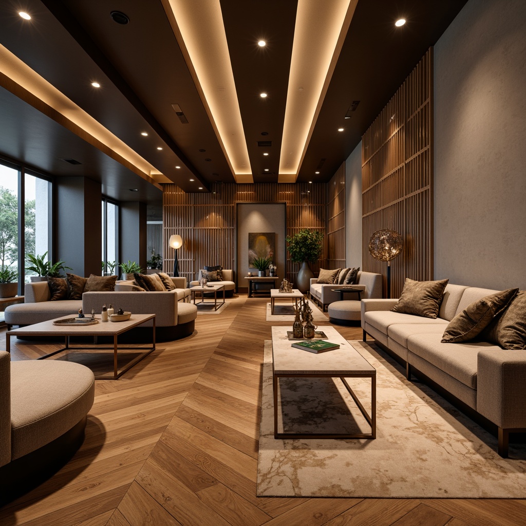 Prompt: Glossy wooden floors, metallic accents, curved lines, minimalist decor, luxurious fabrics, velvet sofas, marble coffee tables, geometric patterns, chrome fixtures, ambient lighting, warm neutral tones, soft shadows, 1/1 composition, shallow depth of field, realistic reflections, subtle texture details.