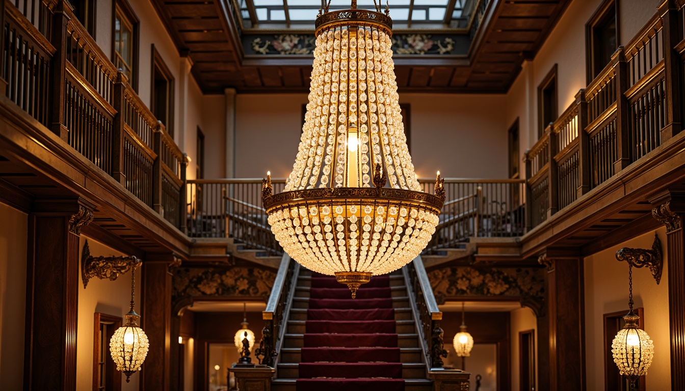 Prompt: Opulent chandeliers, crystal droplets, golden accents, ornate metalwork, floral patterns, velvet drapes, rich wood tones, intricate moldings, grand staircase, luxurious fabrics, warm candlelight, soft warm glow, pendant lamps, bronze finishes, vintage Edison bulbs, distressed wood, rustic charm, ambient lighting, layered lighting effects, 1/1 composition, shallow depth of field, realistic textures.