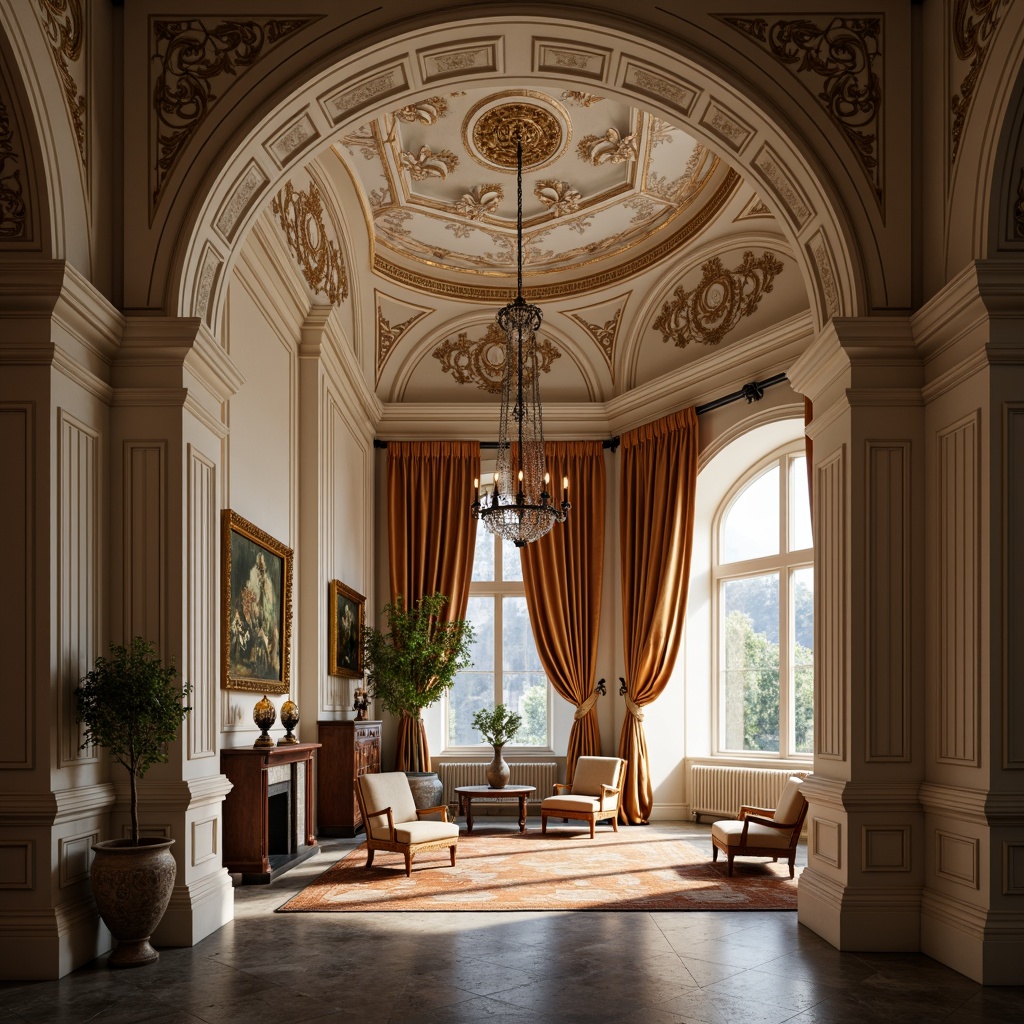 Prompt: Elegant neoclassical interior, ornate molding details, grandiose archways, sophisticated columns, refined pilasters, intricate ceiling patterns, luxurious velvet drapes, antique furnishings, gilded frames, crystal chandeliers, soft warm lighting, shallow depth of field, 1/1 composition, realistic textures, ambient occlusion.