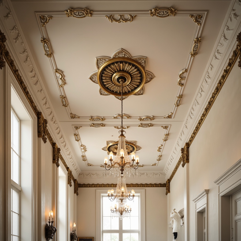 Prompt: Ornate ceiling design, neoclassical style, intricate moldings, golden accents, luxurious chandeliers, crystal droplets, ornamental medallions, decorative coffers, vaulted arches, smooth stucco finish, creamy white paint, subtle texture, soft warm lighting, shallow depth of field, 1/1 composition, realistic textures, ambient occlusion.