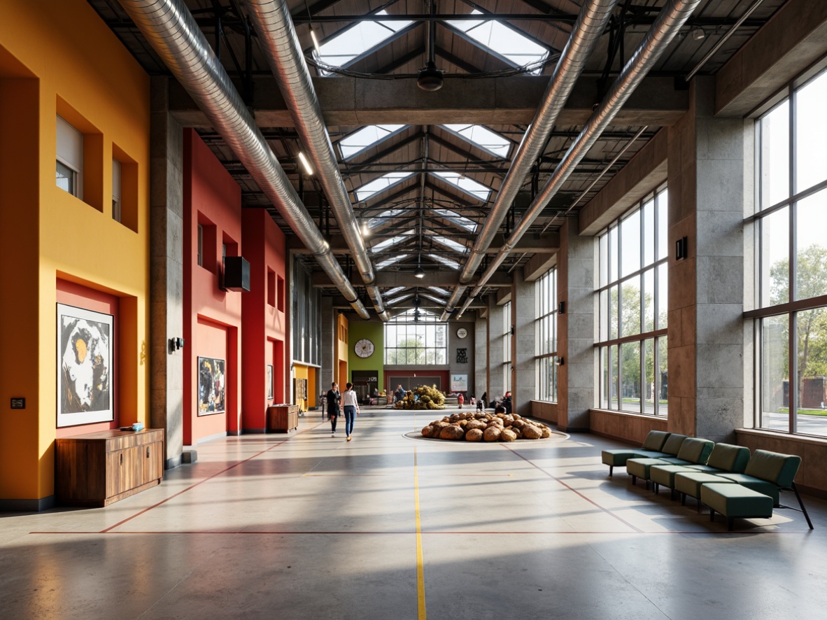 Prompt: Vibrant gymnasium interior, open space layout, postmodernist architectural style, exposed ductwork, industrial metal beams, polished concrete floors, bold color accents, dynamic lighting systems, geometric-shaped columns, irregularly-shaped windows, abstract art installations, eclectic mix of textures, reclaimed wood accents, brutalist-inspired concrete walls, athletic equipment silhouettes, suspended track lights, minimalist seating areas, natural ventilation systems, clerestory windows, dramatic shadows, 1/2 composition, shallow depth of field, warm color palette.