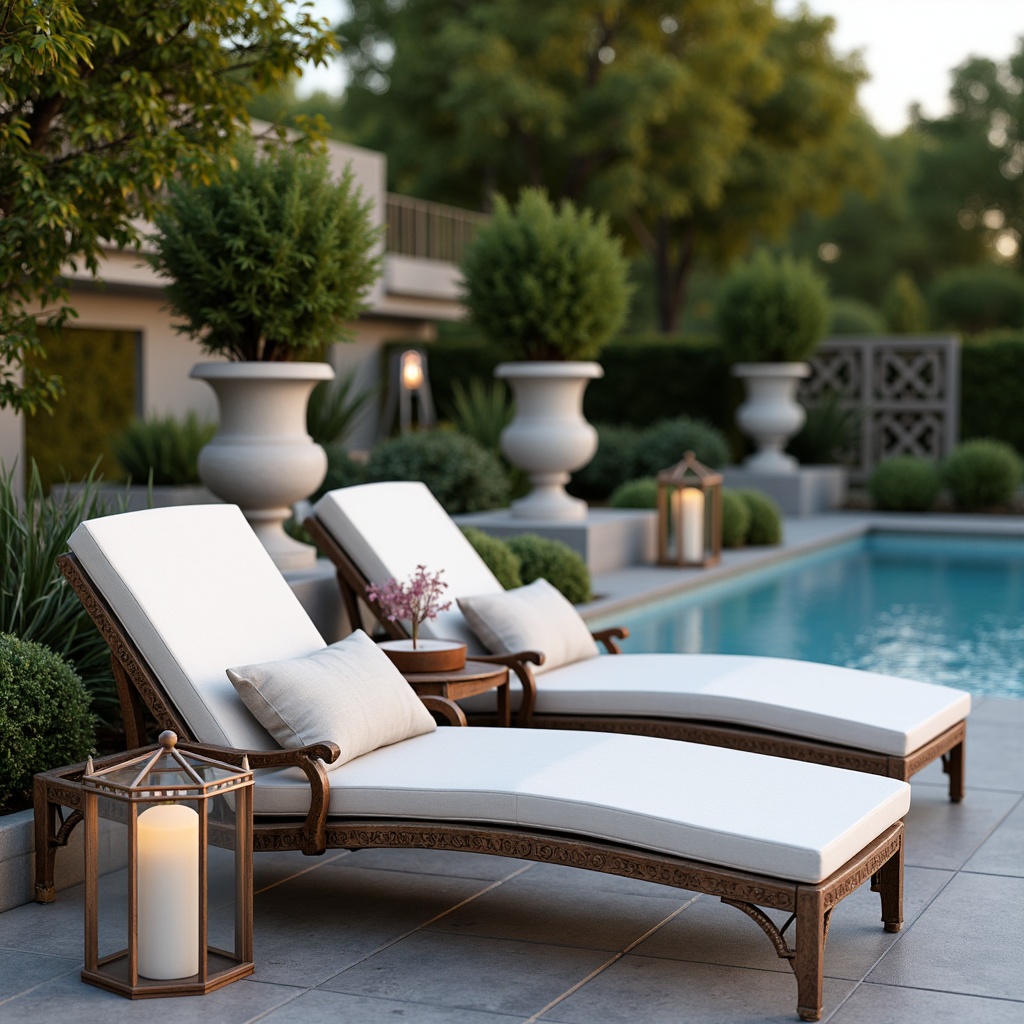 Prompt: Elegant poolside lounge chairs, ornate metal frames, plush cushions, refined wood accents, vintage-inspired lanterns, carved stone pedestals, classic urns, lush greenery, tranquil water features, symmetrical compositions, soft warm lighting, shallow depth of field, 1/1 composition, realistic textures, ambient occlusion.