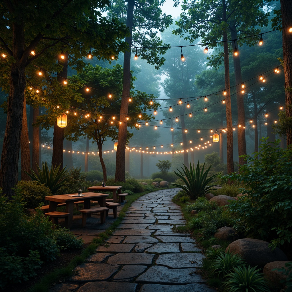 Prompt: Mystical forest, twinkling string lights, lantern-style lamps, warm golden glow, soft misty atmosphere, lush green foliage, ancient trees, rustic wooden benches, winding stone pathways, serene water features, gentle ripples, subtle fog effects, 1/2 composition, low-key lighting, cinematic mood, dramatic shadows, realistic textures, ambient occlusion.