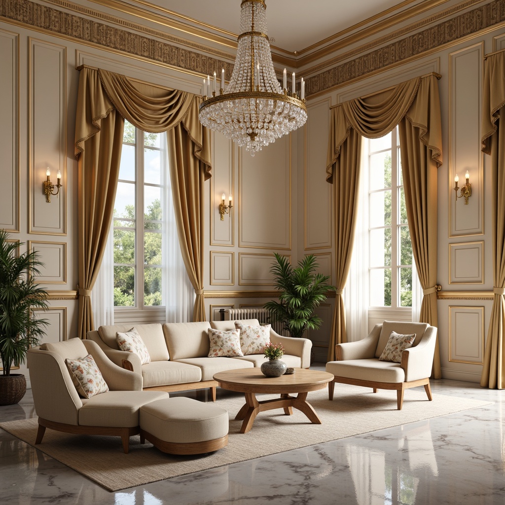 Prompt: Elegant neoclassical interior, rich wood tones, ornate moldings, luxurious fabrics, subtle sheen, creamy whites, soft gold accents, warm beige backgrounds, lavish crystal chandeliers, refined marble floors, sophisticated furniture silhouettes, harmonious balance of proportions, delicate floral patterns, muted pastel hues, warm afternoon lighting, shallow depth of field, 2/3 composition, realistic textures, ambient occlusion.