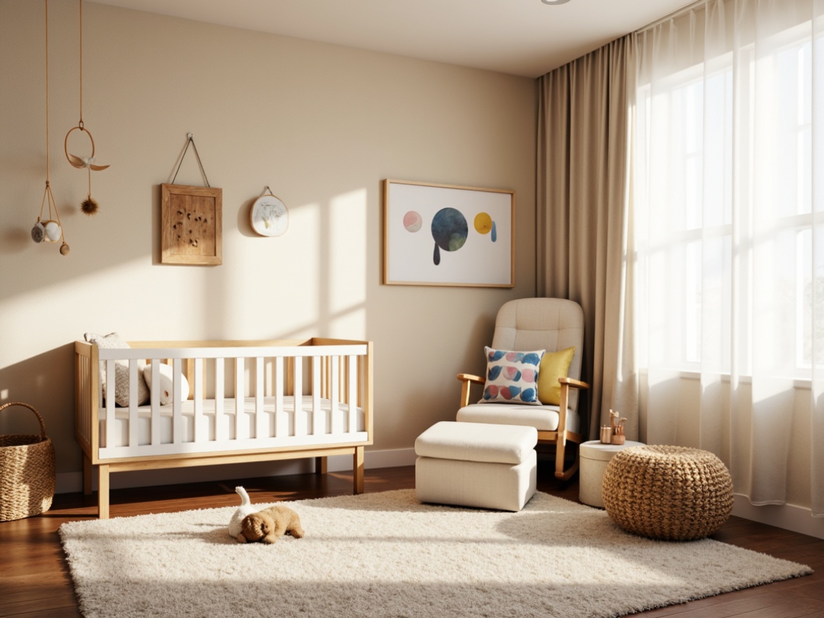 Prompt: Modern baby room, soft pastel colors, gentle lighting, plush area rug, comfortable glider, white crib, natural wood changing table, minimalist decor, circular mobiles, colorful wall art, textured fabrics, cozy reading nook, ergonomic rocking chair, storage ottoman, subtle patterns, calming ambiance, warm beige walls, large window with sheer curtains, diffused sunlight, shallow depth of field, 1/2 composition, realistic textures, ambient occlusion.