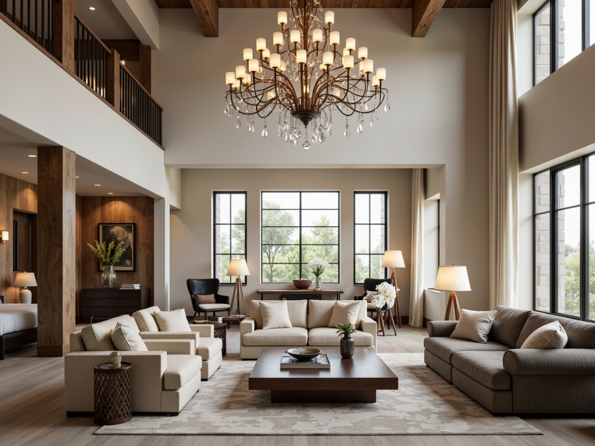 Prompt: Transitional interior, elegant chandelier, soft warm glow, crystal droplets, ornate metalwork, creamy white shades, rustic wooden accents, modern minimalist lines, neutral color palette, luxurious textiles, plush area rugs, floor-to-ceiling windows, natural daylight, ambient lighting, 1/1 composition, shallow depth of field, realistic reflections.Please let me know if this meets your requirements!