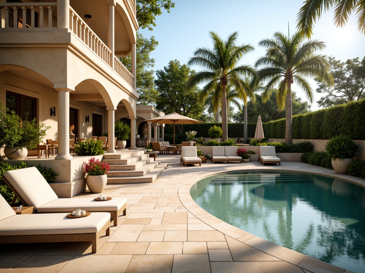 Prompt: Elegant pool deck, timeless classicism style, warm beige stone flooring, ornate balustrades, grandiose columns, curved staircases, lush greenery, vibrant flower arrangements, comfortable lounge seating, plush outdoor furniture, natural stone planters, majestic palm trees, sunny day, soft warm lighting, shallow depth of field, 3/4 composition, panoramic view, realistic textures, ambient occlusion.