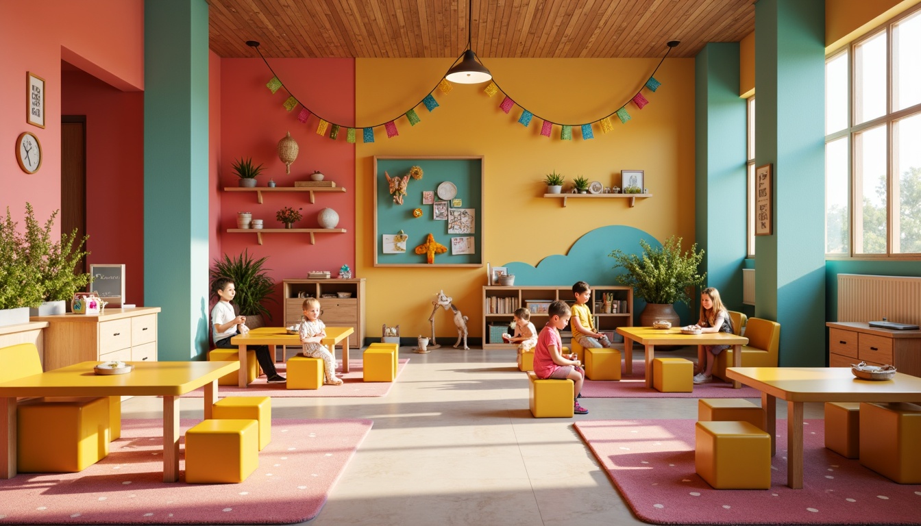 Prompt: Vibrant kindergarten interior, Asian-inspired decor, bright coral walls, bold turquoise accents, sunny yellow furniture, playful polka-dot patterns, soft pink carpets, natural wood textures, traditional Chinese lanterns, colorful kite decorations, whimsical cloud-shaped shelves, modern minimalistic lines, plenty of natural light, warm and cozy atmosphere, shallow depth of field, 1/1 composition, realistic textures, ambient occlusion.