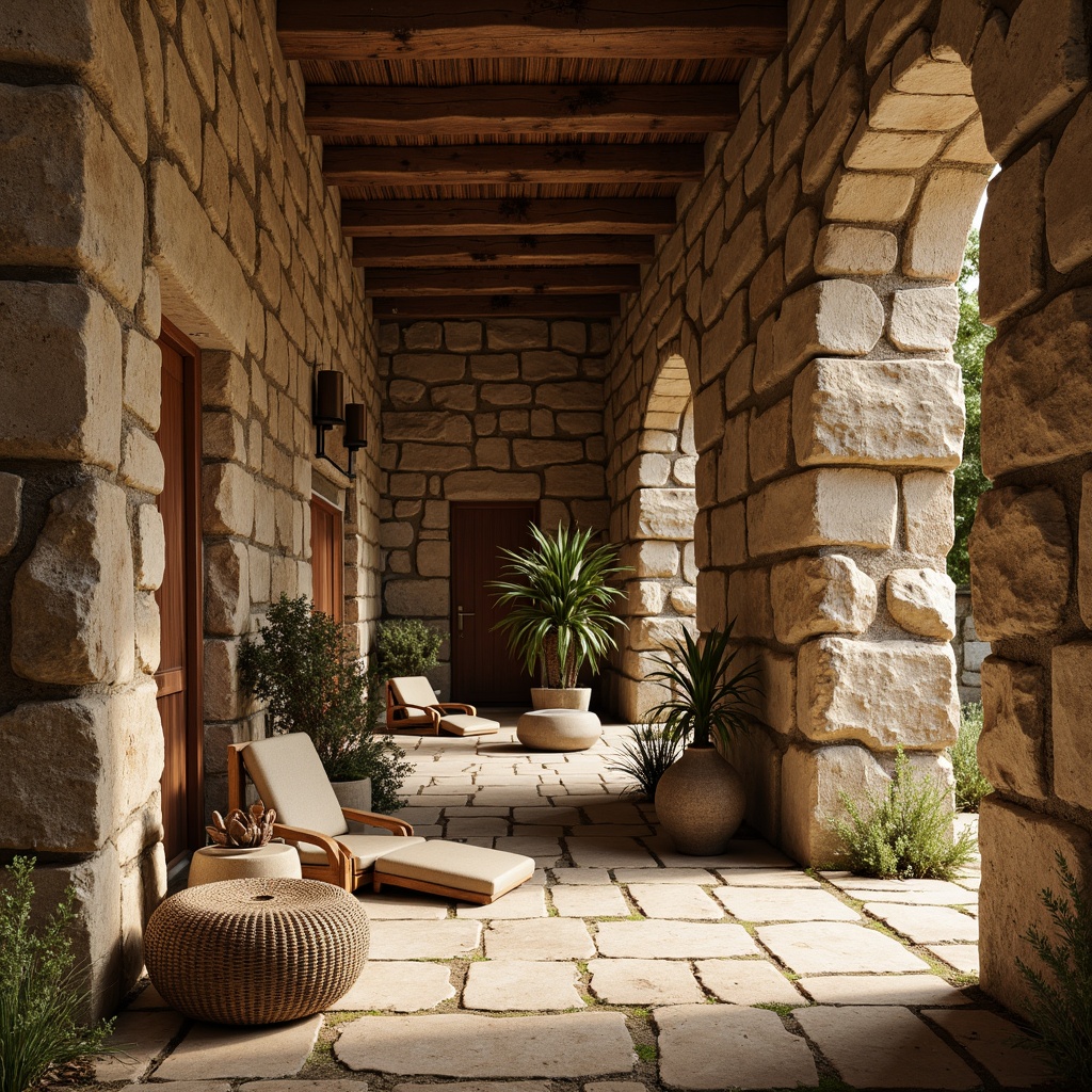 Prompt: Rustic stone walls, weathered rock formations, earthy tones, rough-hewn textures, woven fabric patterns, soft drapery folds, natural fiber materials, organic shapes, irregular stone arrangements, moss-covered surfaces, aged wooden accents, distressed finishes, warm golden lighting, shallow depth of field, 1/1 composition, realistic normal maps, ambient occlusion.