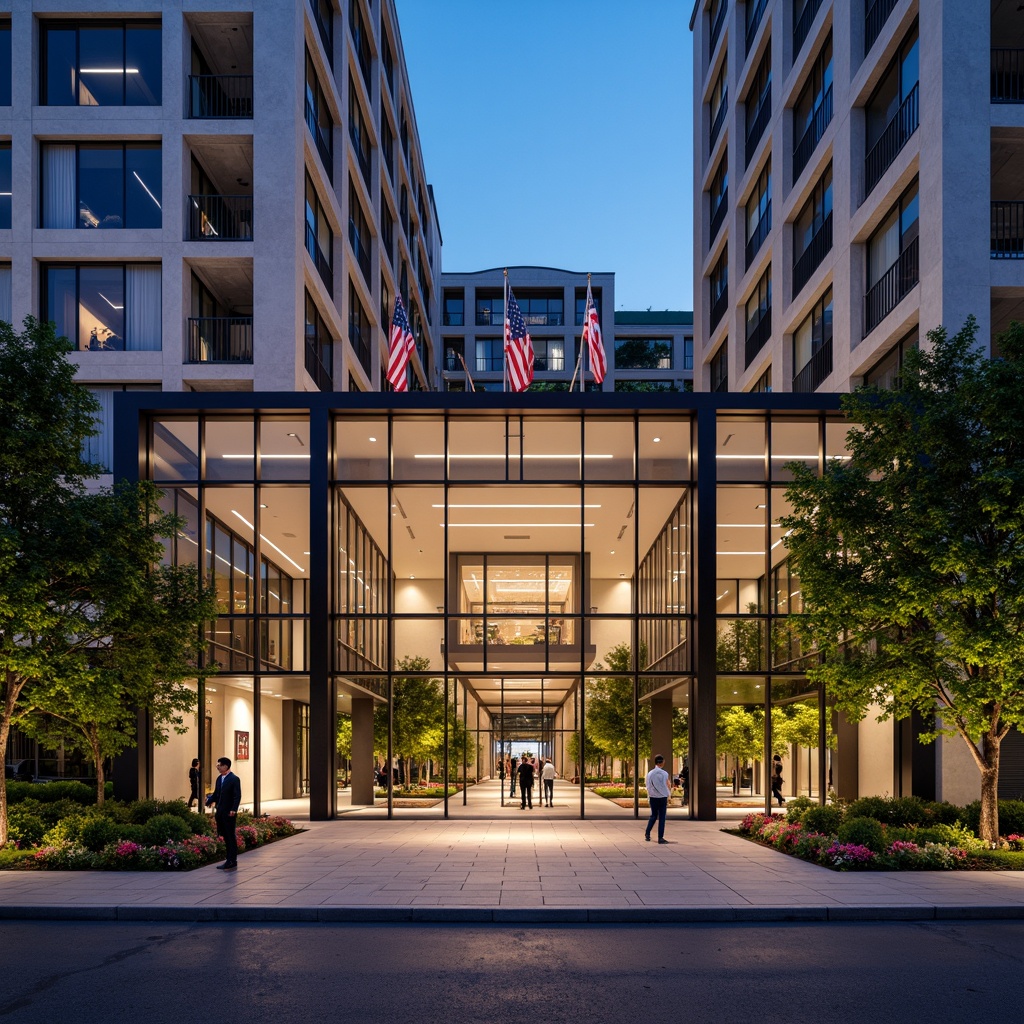 Prompt: Grand courthouse building, elegant contemporary architecture, sleek glass fa\u00e7ade, polished marble columns, ornate metalwork details, vibrant American flags, lush greenery surroundings, blooming flowers, natural stone walkways, modern LED lighting, dramatic nighttime illumination, shallow depth of field, 3/4 composition, symmetrical perspective, realistic textures, ambient occlusion.