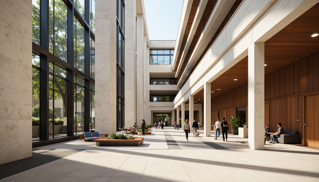 Prompt: Neutral-toned courthouse, modern contemporary style, sleek glass fa\u00e7ade, subtle stone accents, warm beige walls, rich wood paneling, polished metal fixtures, sophisticated neutral color palette, earthy brown tones, calming blue undertones, creamy white trim, bold black outlines, natural textures, minimalist ornamentation, ample natural light, soft diffused lighting, shallow depth of field, 2/3 composition, realistic renderings, ambient occlusion.