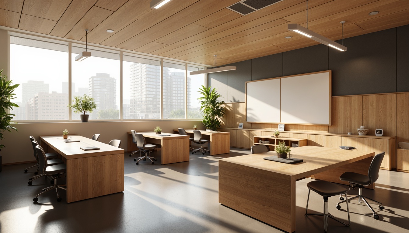 Prompt: Modern classroom interior, sound-absorbing materials, acoustic panels, wooden desks, ergonomic chairs, interactive whiteboards, minimalist decor, natural daylight, soft warm lighting, 1/1 composition, shallow depth of field, realistic textures, ambient occlusion.