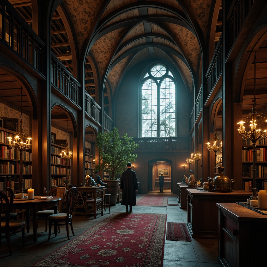 Prompt: Dark academic atmosphere, mysterious Gothic arches, rich wood tones, luxurious velvet fabrics, ornate metalwork details, mystical candlelit ambiance, dramatic high ceilings, grandiose chandeliers, weathered stone walls, ancient tomes, mysterious artifacts, warm golden lighting, soft misty atmosphere, cinematic depth of field, 1/2 composition, symmetrical framing, muted earth tones, deep crimson reds, midnight blues, foggy greys, rich emerald greens.