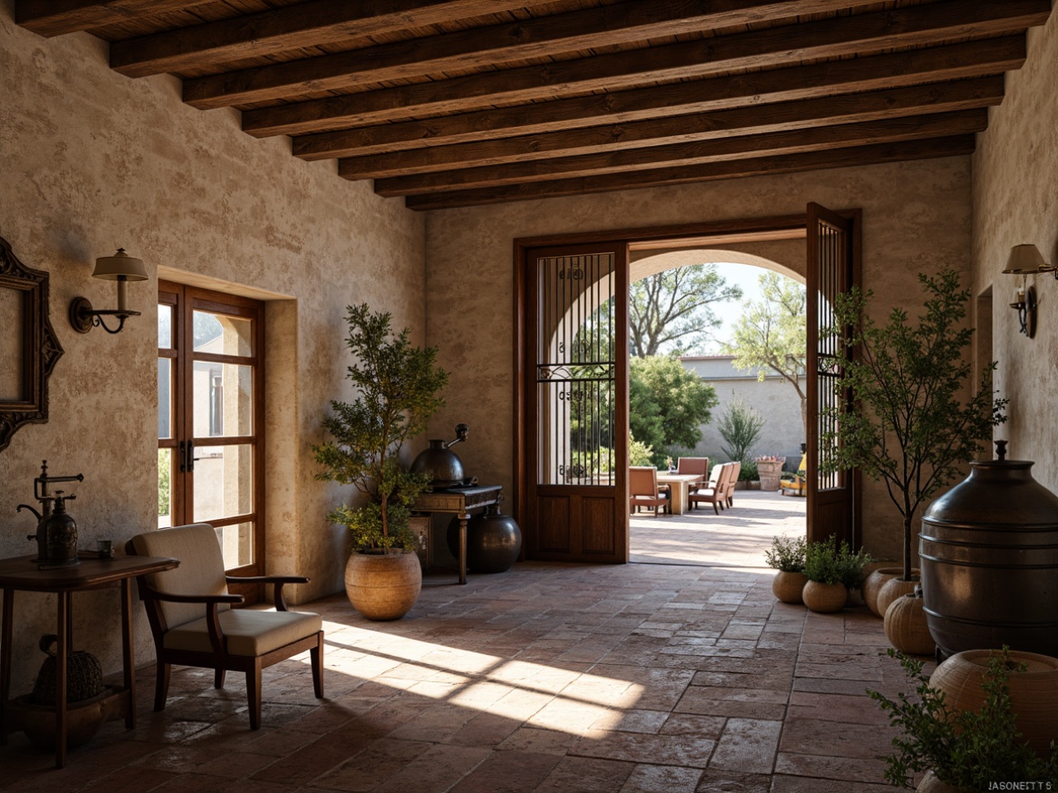 Prompt: Rustic Mediterranean factory, distressed stone walls, wooden beam ceilings, worn brick floors, ornate metal gates, vintage machinery, reclaimed wood accents, earthy color palette, natural textiles, woven baskets, potted olive trees, warm ambient lighting, soft shadows, atmospheric mist, 1/2 composition, realistic render, subtle depth of field.