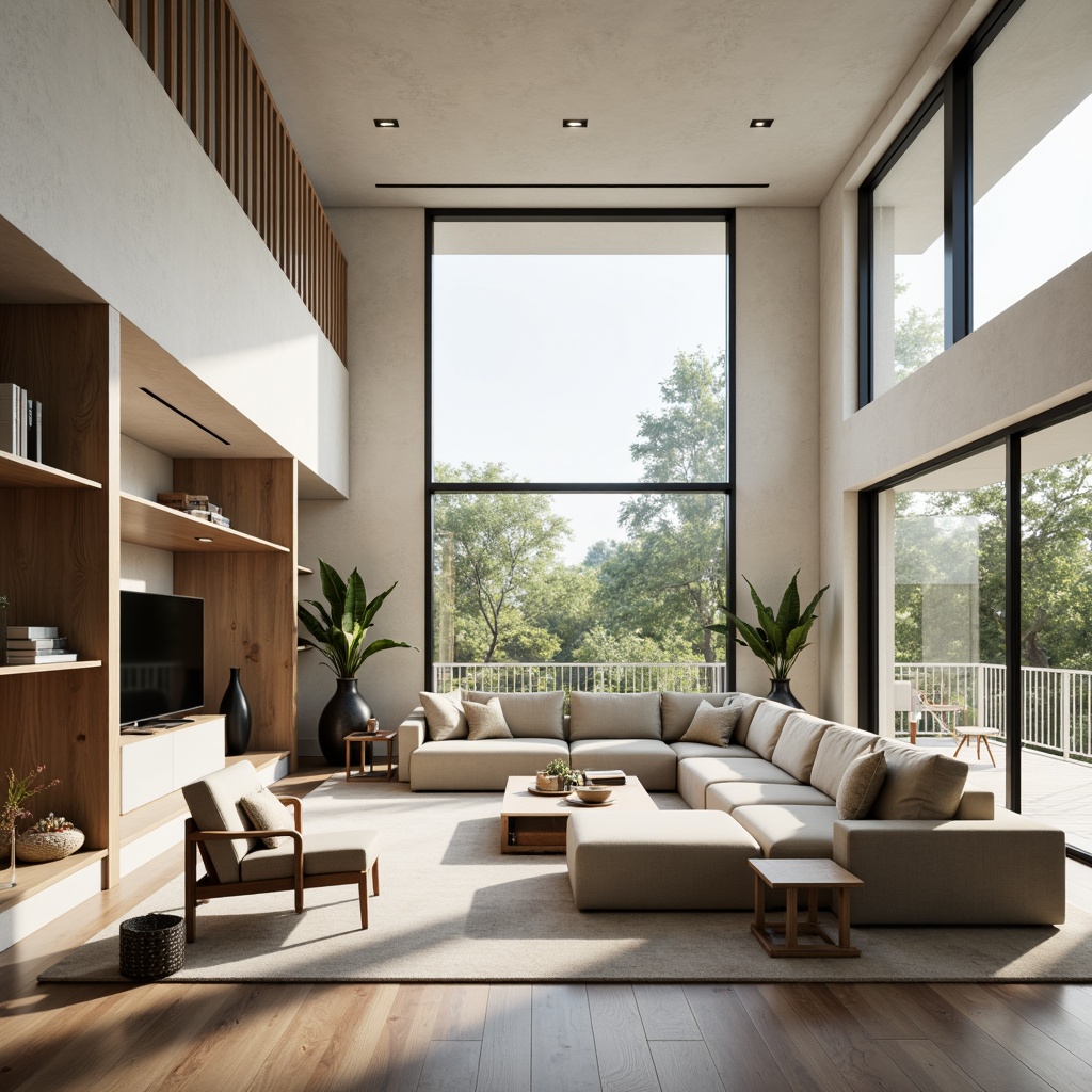 Prompt: Open-plan living area, minimalist decor, sleek lines, abundant natural light, floor-to-ceiling windows, sliding glass doors, spacious rooms, optimal furniture arrangement, flowing circulation paths, ample storage solutions, multi-functional spaces, convertible layouts, vertical elements, airy atmosphere, soft warm lighting, shallow depth of field, 3/4 composition, realistic textures, ambient occlusion.