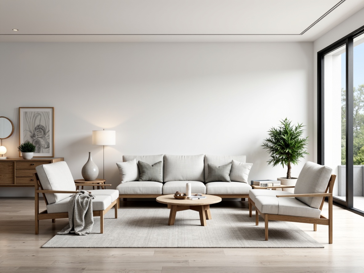 Prompt: Monochromatic living room, sleek low-profile furniture, minimalist decor, sparse greenery, natural wood accents, matte white walls, floor-to-ceiling windows, sliding glass doors, soft diffused lighting, shallow depth of field, 1/1 composition, realistic textures, ambient occlusion, Scandinavian-inspired design, simple geometric patterns, subtle metallic accents, calming neutral color palette.