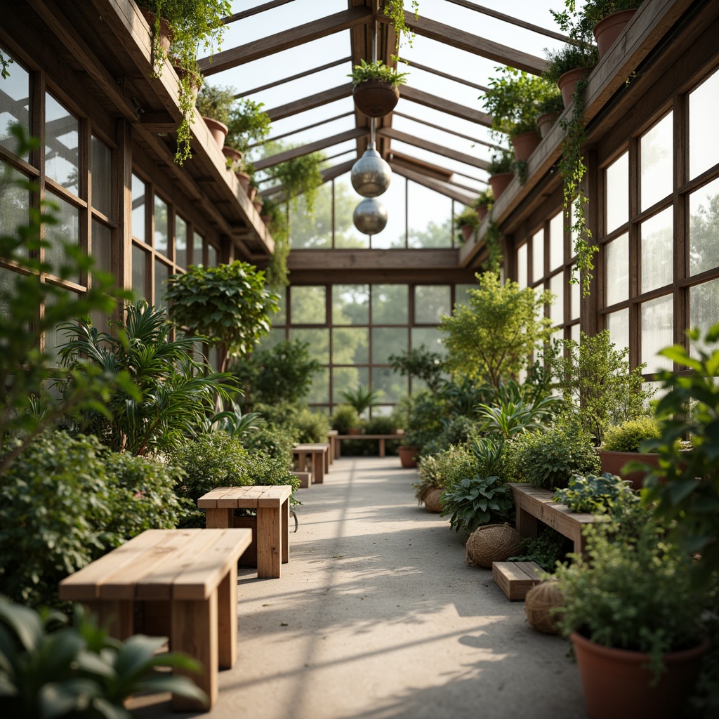 Prompt: Natural greenhouse atmosphere, lush greenery, reclaimed wood accents, industrial metal frames, minimalist benches, potted plants, hanging planters, earthy tones, natural textiles, woven baskets, rustic decorative items, warm soft lighting, shallow depth of field, 1/1 composition, intimate close-up shots, realistic plant textures, ambient occlusion.