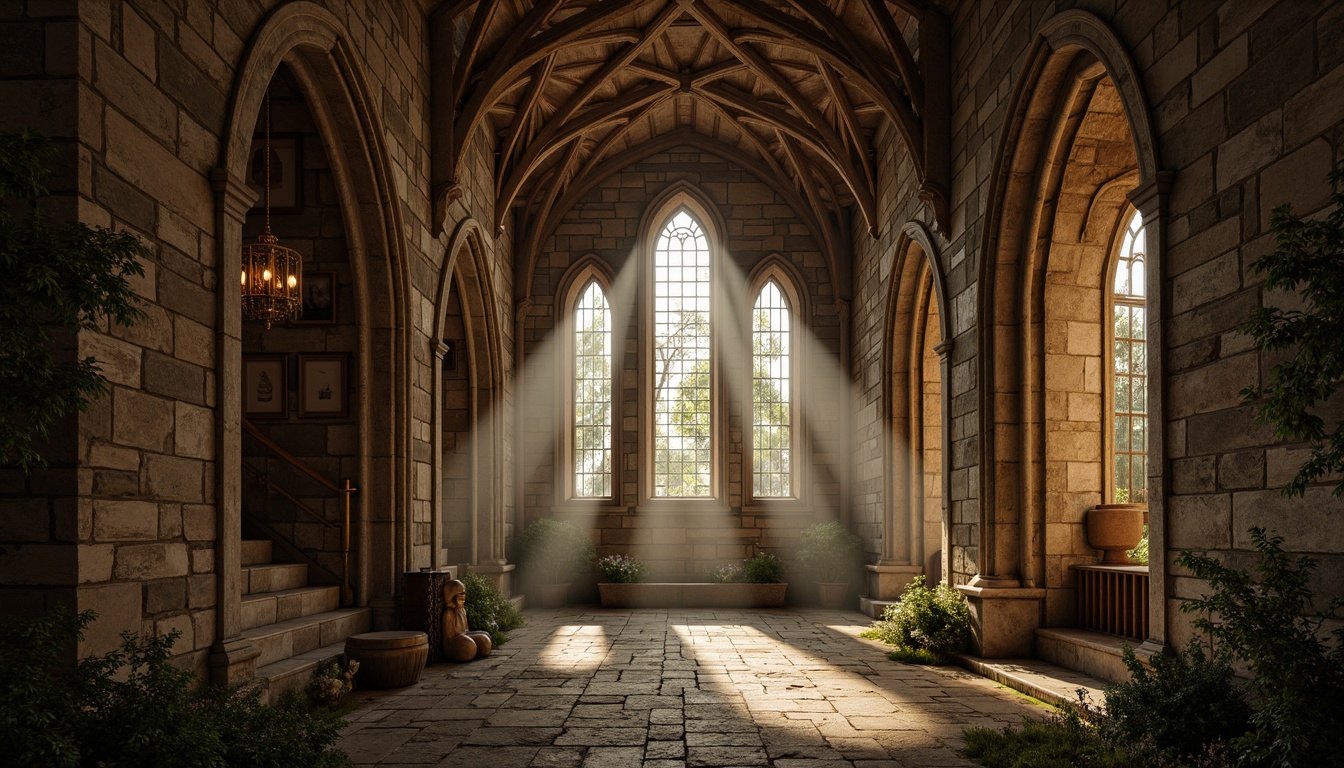 Prompt: Weathered stone walls, intricate Gothic arches, ornate carvings, mystical gargoyles, grandiose stained glass windows, dramatic vaulted ceilings, rustic brick textures, mysterious candlelit ambiance, eerie shadows, ancient moss-covered stones, mystical foggy atmosphere, warm golden lighting, shallow depth of field, 1/1 composition, realistic stone textures, ambient occlusion.