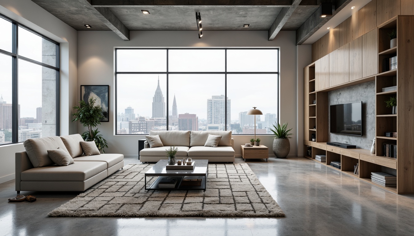 Prompt: Minimalist living room, sleek low-profile furniture, monochromatic color scheme, polished concrete floors, industrial metal accents, geometric patterned rugs, floor-to-ceiling windows, urban cityscape views, modern abstract artwork, hidden LED lighting, cozy reading nooks, built-in shelving units, compact kitchen islands, high-gloss countertops, metallic tone cabinetry, space-saving storage solutions, natural textiles, airy open-plan layout, 1/1 composition, softbox lighting, realistic reflections.