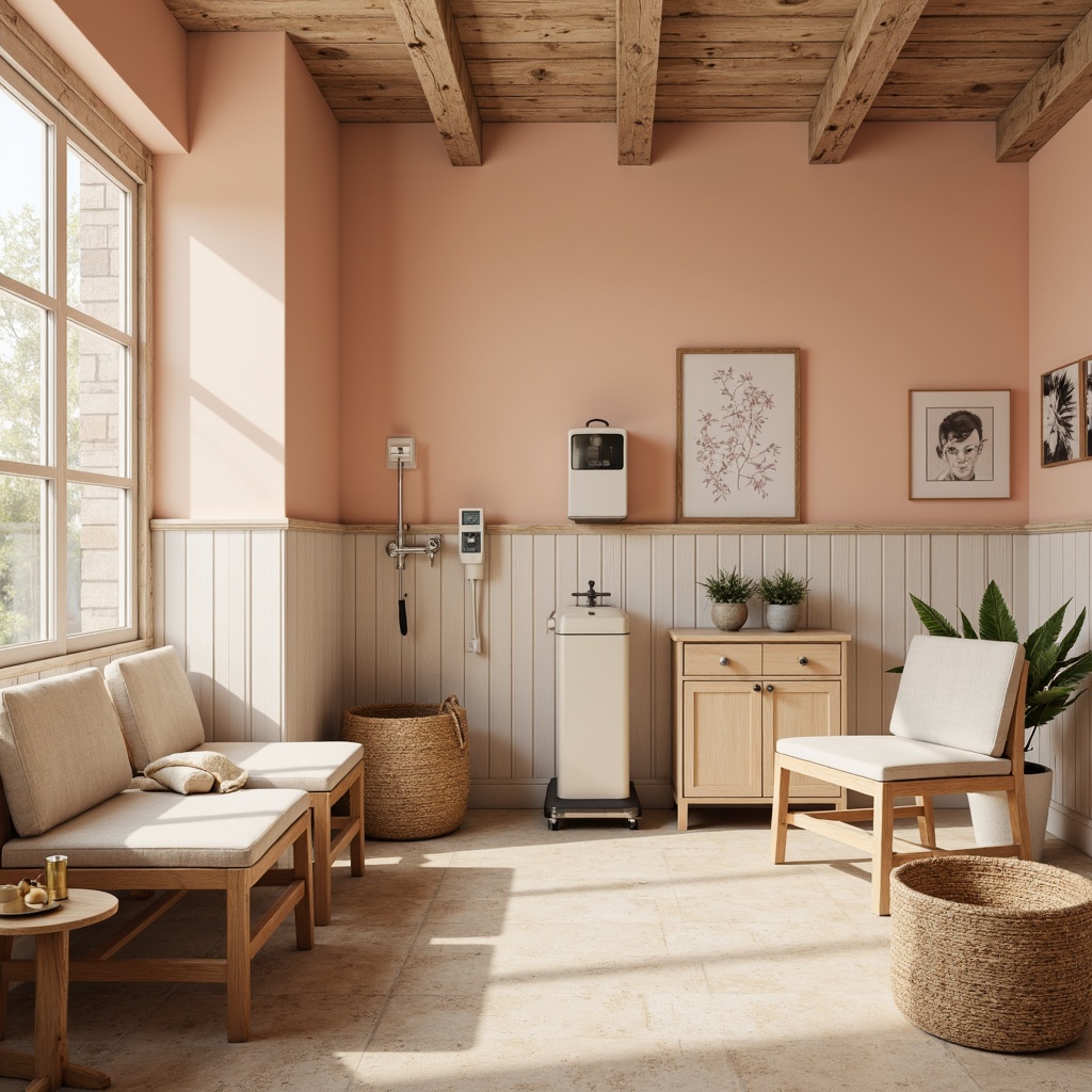 Prompt: Soft peach walls, distressed wood accents, vintage medical equipment, rustic metal fixtures, creamy white furniture, linen upholstery, natural woven baskets, warm beige floors, soft pastel colors, calming ambient lighting, gentle color transitions, 1/2 composition, shallow depth of field, realistic textures, subtle noise reduction.Please let me know if this meets your requirements!