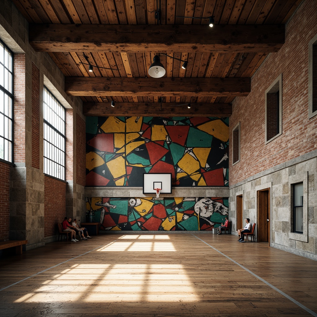 Prompt: Rustic gymnasium interior, distressed wood flooring, exposed brick walls, industrial metal beams, reclaimed wooden accents, vintage sports equipment, abstract geometric patterns, bold colorful murals, eclectic mix of textures, rough stone columns, polished concrete floors, dramatic spot lighting, atmospheric shadows, high contrast ratios, dynamic composition, realistic reflections, ambient occlusion.Please let me know if this meets your requirements!