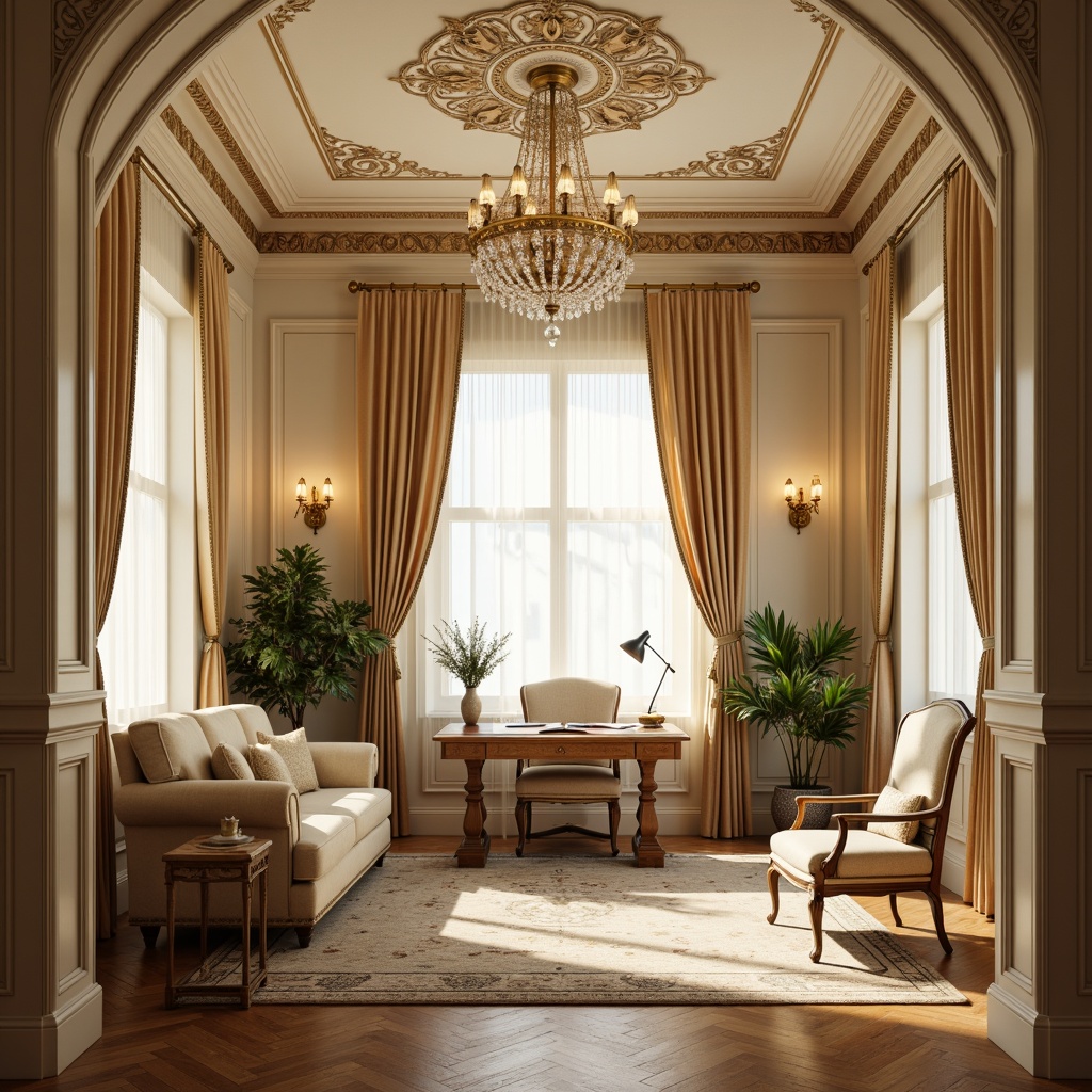 Prompt: Elegant home office, ornate furnishings, soft golden lighting, crystal chandeliers, delicate plasterwork, pastel color palette, luxurious fabrics, intricate wood carvings, gilded accents, romantic ambiance, warm beige tones, subtle shadows, gentle glow, 1/1 composition, shallow depth of field, realistic textures, ambient occlusion.