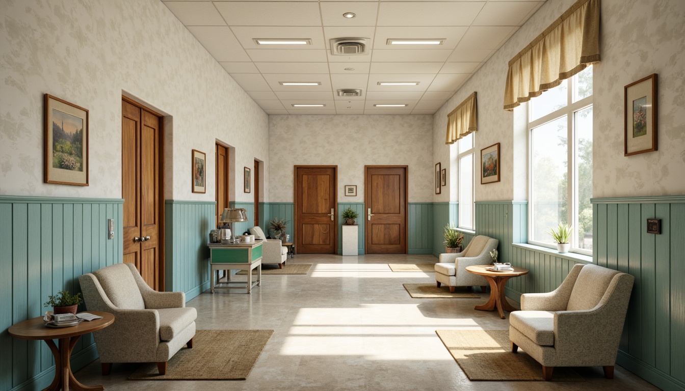 Prompt: Whitewashed hospital walls, distressed wood accents, vintage medical equipment, soft pastel hues, calming blue tones, warm beige flooring, natural fiber rugs, comfortable upholstered furniture, antique metal fixtures, ornate wooden doors, subtle floral patterns, creamy whites, gentle lighting, warm shadows, inviting atmosphere, cozy reading nooks, 1/1 composition, realistic textures, ambient occlusion.