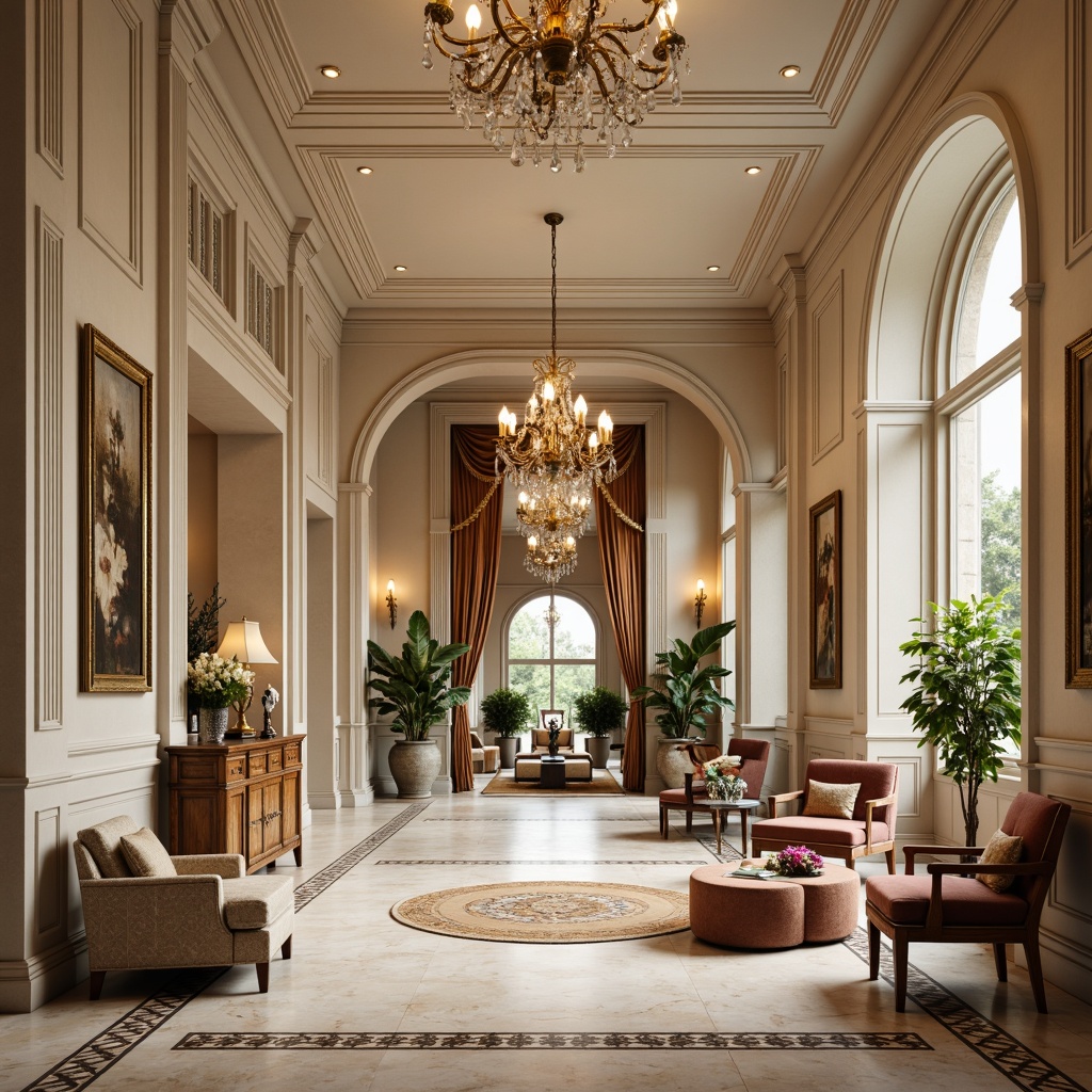 Prompt: Elegant neoclassical interior, ornate moldings, polished marble flooring, cream-colored stone tiles, intricate inlays, geometric patterns, luxurious area rugs, velvet soft furnishings, grand chandeliers, crystal drops, opulent drapery, lavish textiles, subtle warm lighting, shallow depth of field, 1/1 composition, realistic reflections, ambient occlusion.