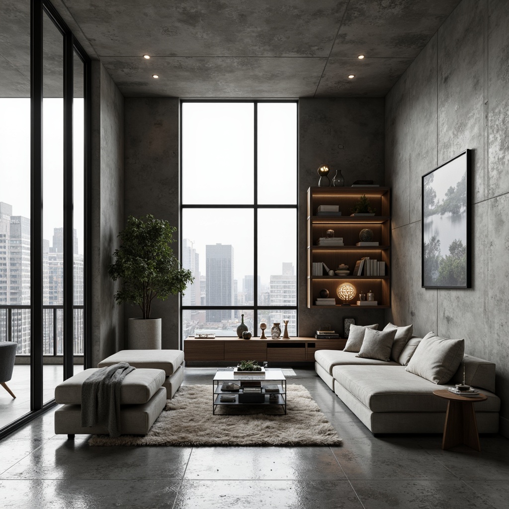 Prompt: Minimalist living room, sleek low-profile furniture, polished concrete floors, industrial chic decor, modern artwork, geometric patterns, monochromatic color scheme, floor-to-ceiling windows, natural light pouring in, urban cityscape views, cozy reading nook, plush area rug, hidden storage compartments, wall-mounted shelves, metallic accents, ambient soft lighting, 1/2 composition, shallow depth of field, realistic textures, subtle reflections.