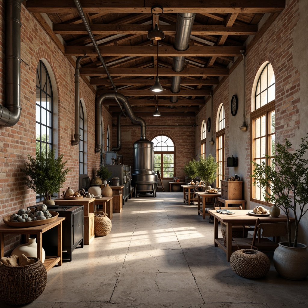 Prompt: Rustic factory interior, distressed wooden beams, exposed brick walls, metal machinery, industrial pipes, vintage manufacturing equipment, earthy color palette, natural stone flooring, wooden crates, woven textiles, potted olive trees, warm soft lighting, shallow depth of field, 1/1 composition, realistic metallic textures, ambient occlusion, Mediterranean-inspired ceramics, ornate ironwork, decorative tiles, arched windows, wooden shutters.