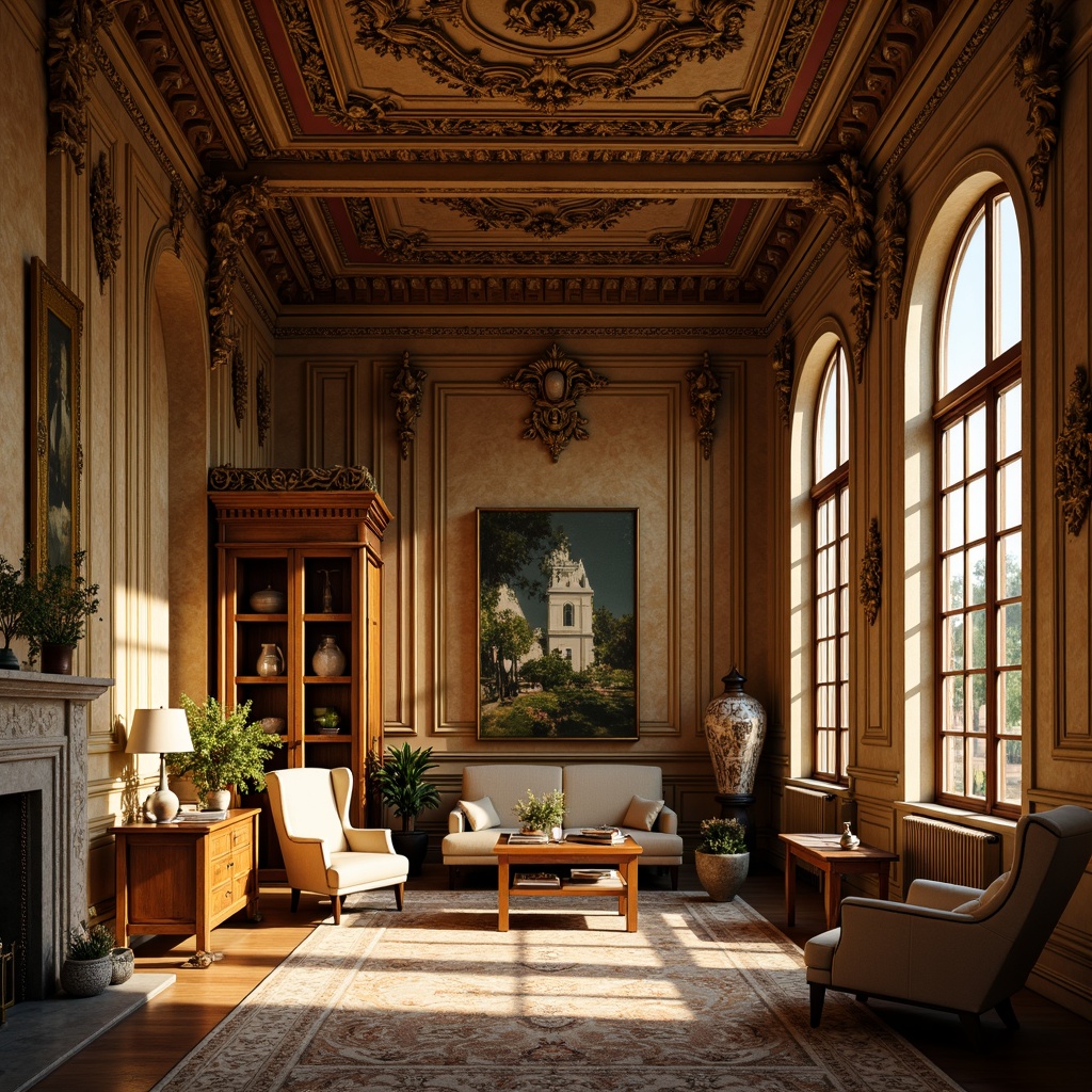 Prompt: Intricate ornate moldings, luxurious Victorian-era design, richly decorated walls, grandiose architectural details, classical motifs, acanthus leaves patterns, egg-and-dart ornaments, carved wooden elements, gilded accents, opulent furnishings, lavish decor, warm golden lighting, soft focus, shallow depth of field, 1/2 composition, symmetrical framing, highly detailed textures.